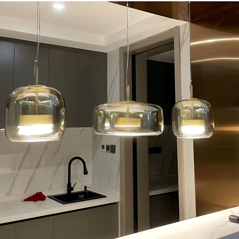 Retro-style ceiling lamp with triple glass shade and adjustable LED lighting