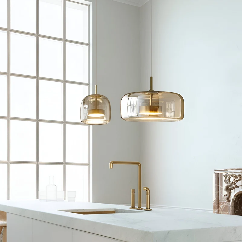 Retro-style ceiling lamp with triple glass shade and adjustable LED lighting