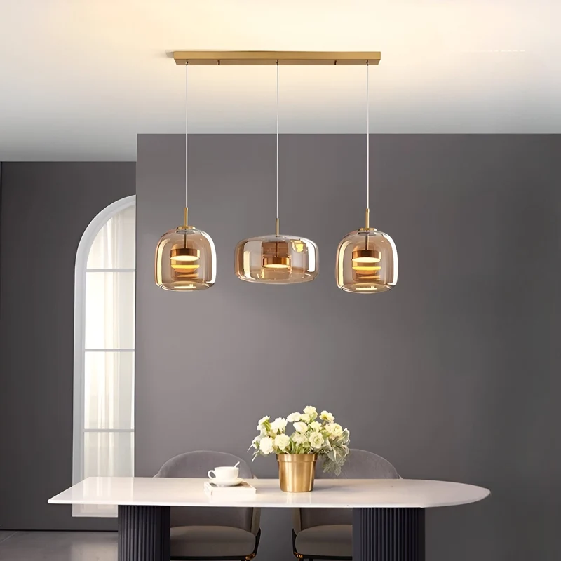 Retro-style ceiling lamp with triple glass shade and adjustable LED lighting