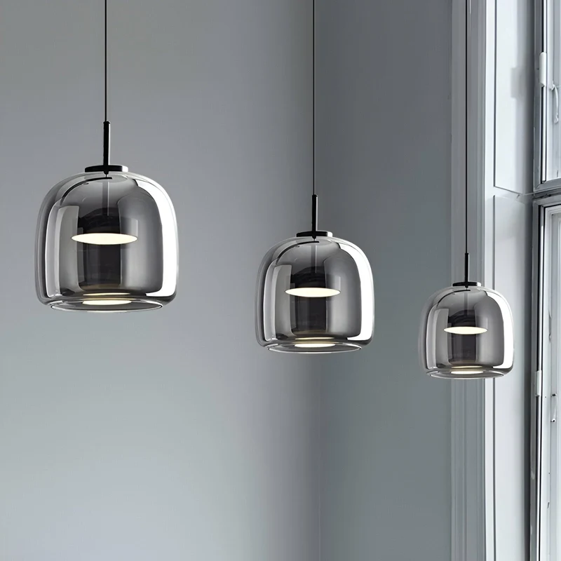 Retro-style ceiling lamp with triple glass shade and adjustable LED lighting