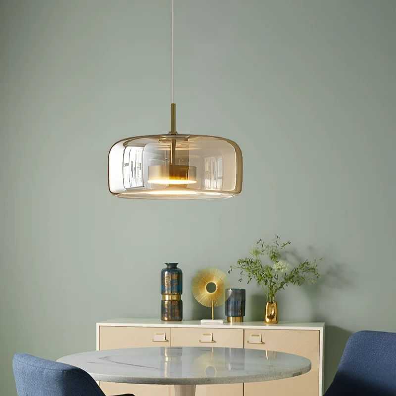 Retro-style ceiling lamp with triple glass shade and adjustable LED lighting