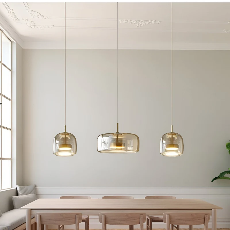 Retro-style ceiling lamp with triple glass shade and adjustable LED lighting