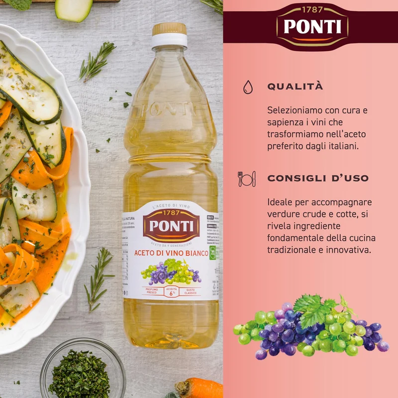 Ponti, Aceto di Vino Classico Bianco, Realizzato con Vini Selezionati, Ideale per Accompagnare Verdure Crude e Cotte, Acidità 6%, 100% Made in Italy, PET da 1L
