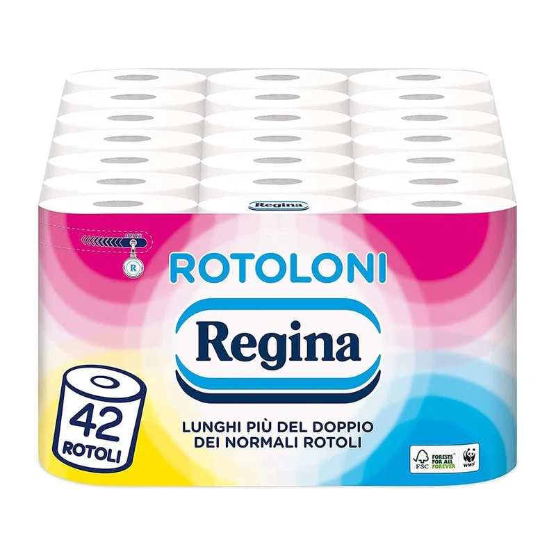 Regina Rotoloni 42 Maxi Rotoli di Carta Igienica, 500 Fogli a 2 Veli, Lunghezza ottima, Confezione 50% in Plastica Riciclata, Carta 100% Certificata FSC