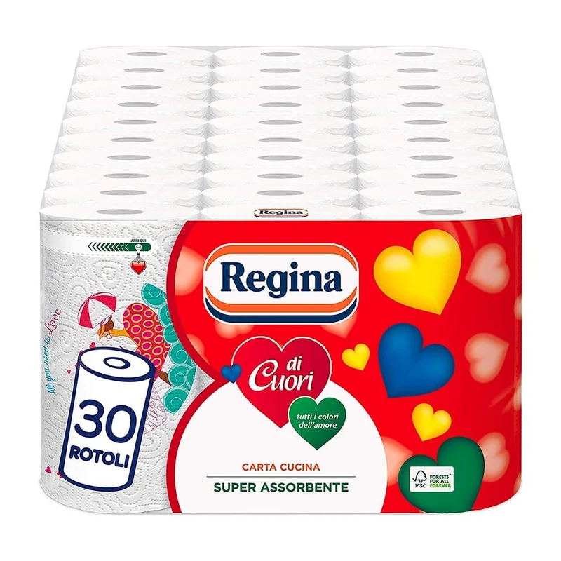 Regina di Cuori Carta Cucina | Confezione da 30 Rotoli a 2 veli | 50 fogli per rotolo | Grande Assorbenza, Spessa e Resistente | Carta 100% certificata FSC®