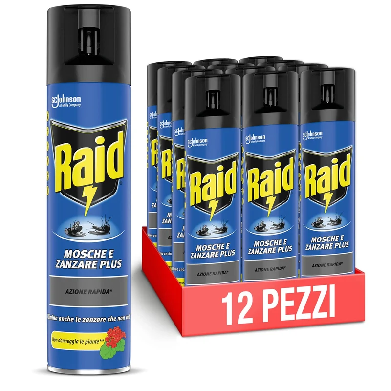 Raid Mosche e Zanzare Spray Insetticida, Antizanzare e Antimosche, Azione Rapida, Confezione da 12 pezzi (12 x 400ml)