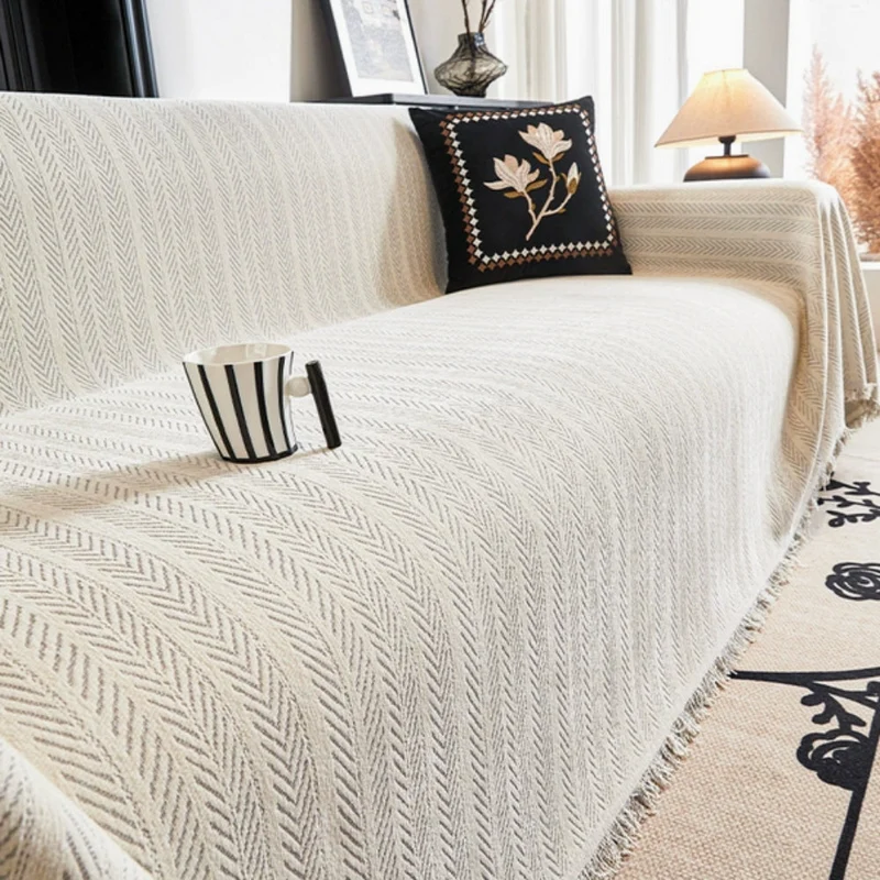 Classic chic fringed herringbone sofa throw for living room