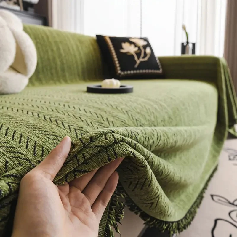 Classic chic fringed herringbone sofa throw for living room