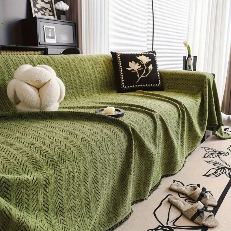 Classic chic fringed herringbone sofa throw for living room