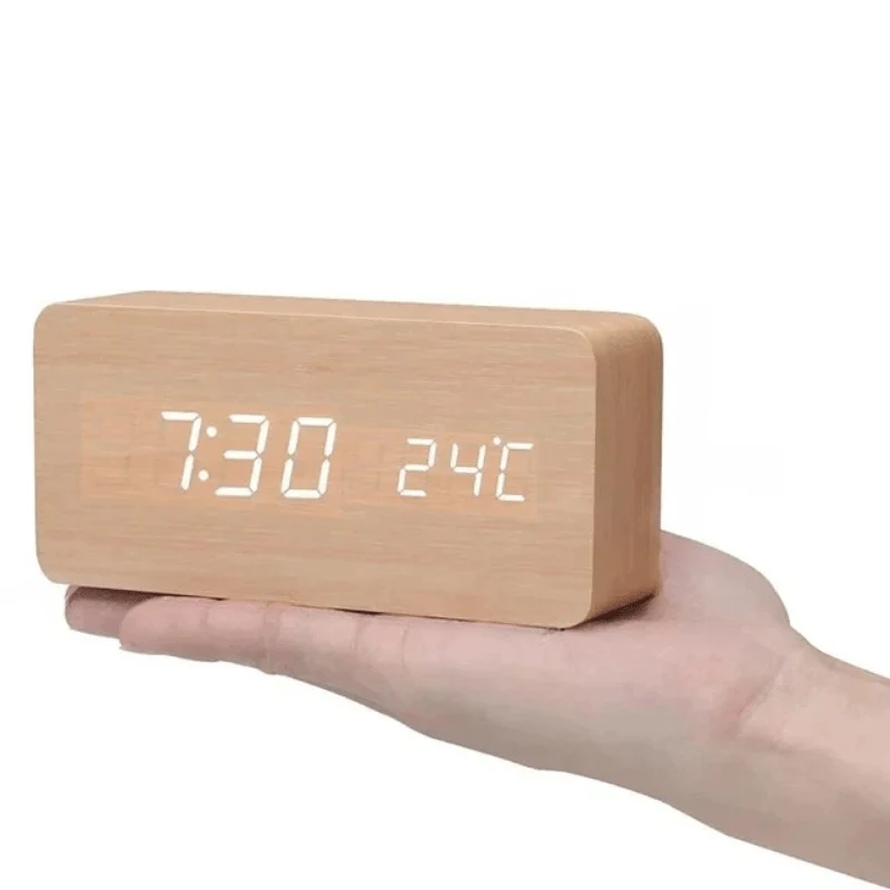 Minimalist wooden LED clock with sound activation for modern homes
