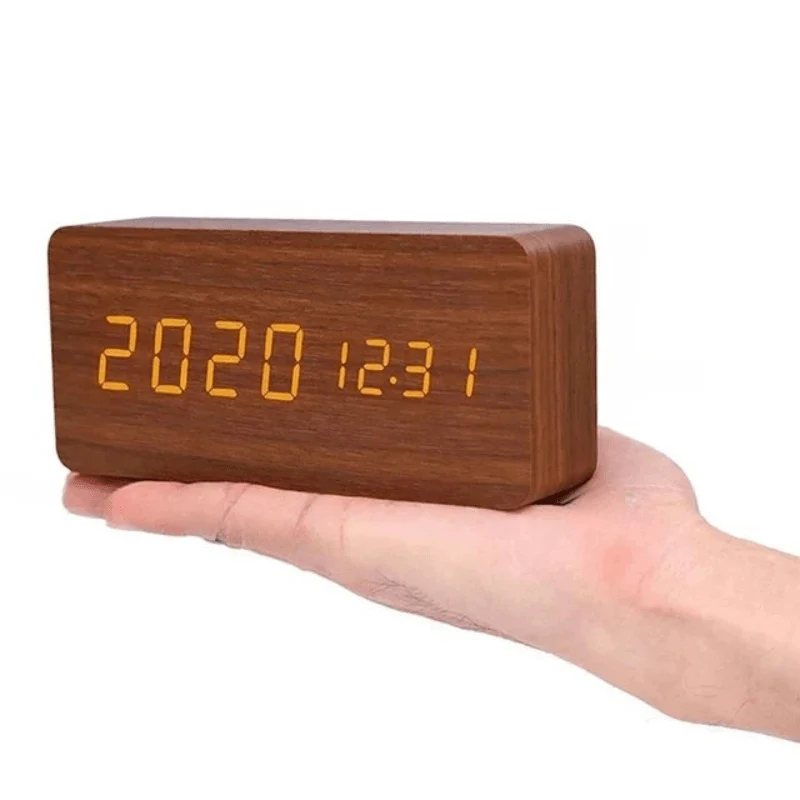 Minimalist wooden LED clock with sound activation for modern homes