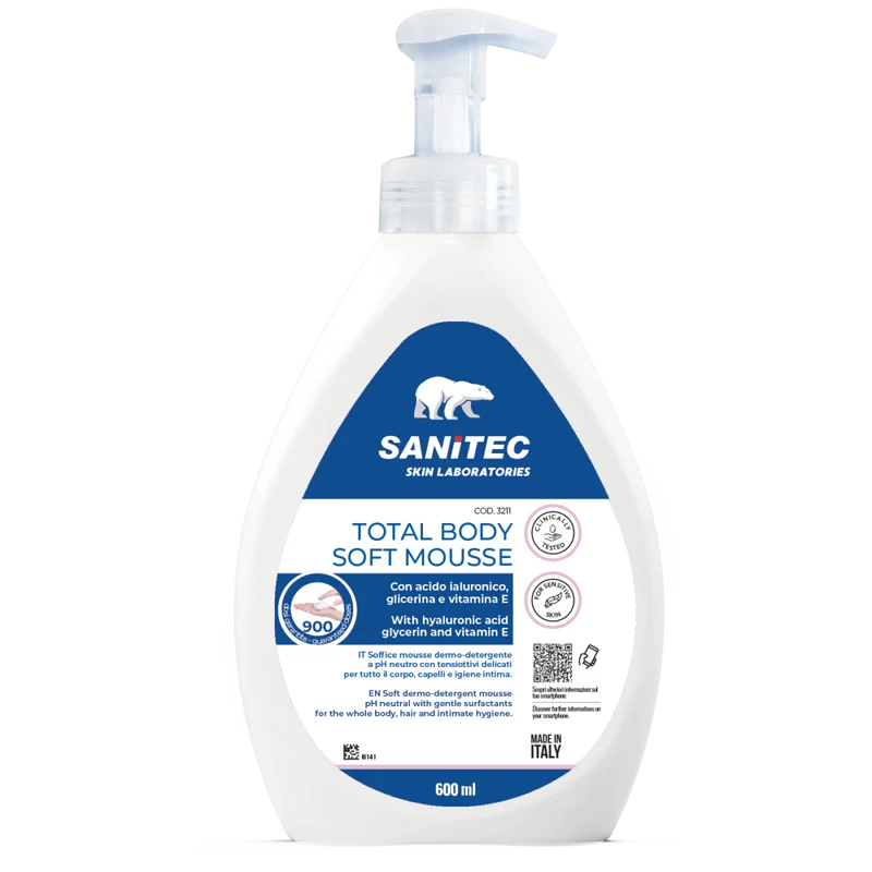 Mousse detergente corpo e capelli Sanitec Total Body Soft Mousse 600 ml DISPONIBILE IN 7 GIORNI LAVORATIVI