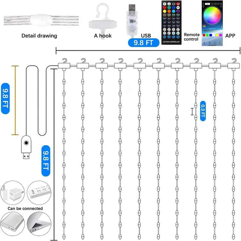 Luminexa Slimme LED Gordijnverlichting – 3x3m met 300 LEDs, Bluetooth App & Muzieksynchronisatie voor Feestelijke Sfeer