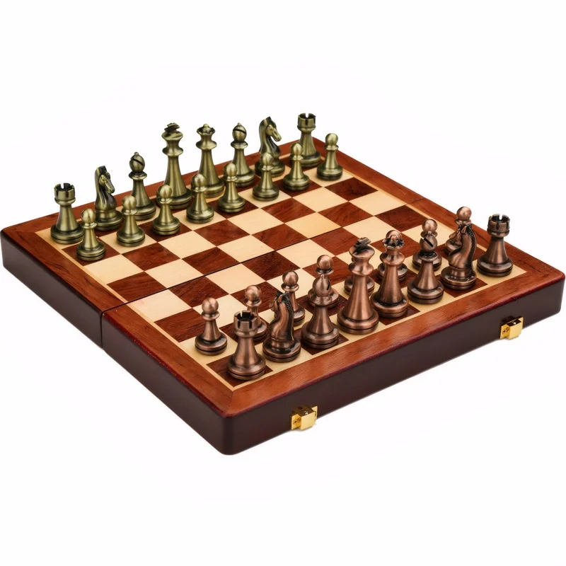 Regalith Antiek Schaakspel – Antiek Brons & Massief Hout, Opvouwbaar Bord van 30 cm met Gewogen Schaakstukken